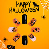 Flytonn-Halloween Nails 24Pcs Short Shiny Square Press on nails Halloween Devil Pumpkin Fake Nail Bat Spider Web Black False Nail for Women&Girl Wear