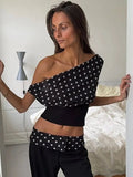 Flytonn-Polka Dot Chiffon Patchwork One Shoulder Tank Top For Women Asymmetrical Slim Backless Tie Back Crop Vest Y2K Streetwear
