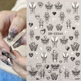 Flytonn Metallic Silver Black Nail Stickers 3D Dark Style Charms Sliders Ink Butterfly Moon Heart Lock Sword Foil Manicure Tips BESW-CS