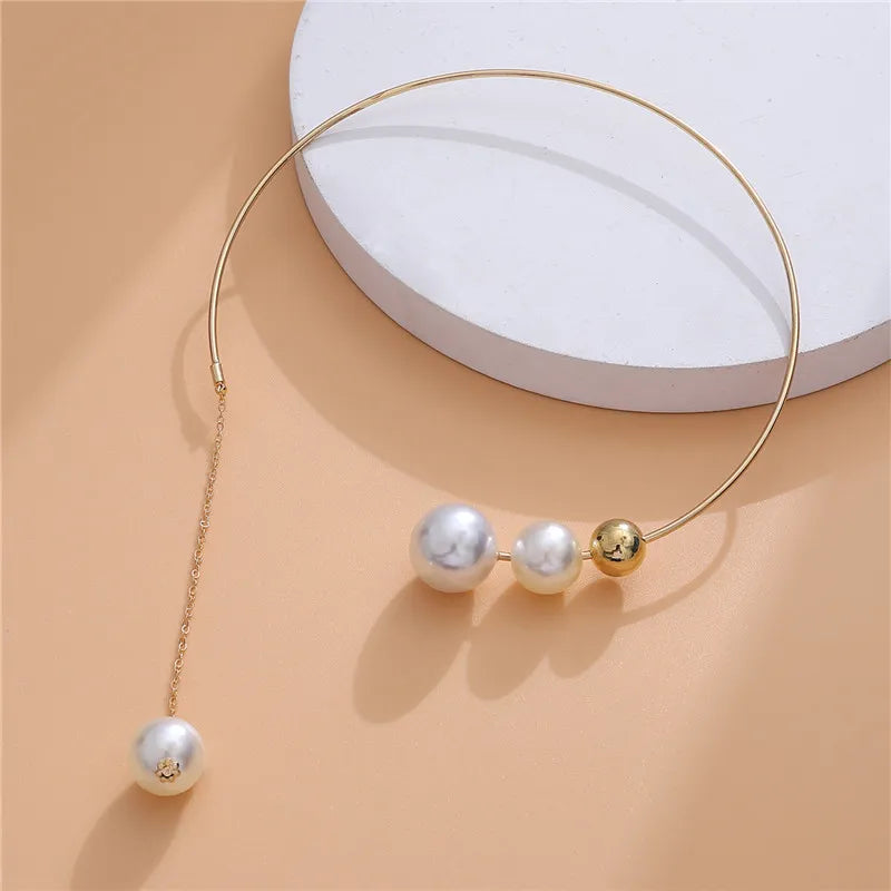 Flytonn New Geometric Simple Round Bead Opening Adjustable Metal Collar Cold Wind Imitation Pearl Necklace for Women Boho Jewelry Gift