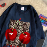 Flytonn-Cherry perfection T Shirt Women Leopard Prints Oversize Cotton T-Shirts Casual O-Neck Short Sleeve Tops Summer Woman Clothes