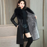 Flytonn-PU Leather Fur Collar Winter Coat Women Solid Adjustable Waist Mid-Length Slim Jacket 2023 New Fashion Lady Casual Warm Outwear