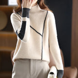 Flytonn-100% Wool Cashmere Sweater Autumn/Winter  New Women's High Neck Pullover Casual Color Matching Female Jacket Knitted Tops