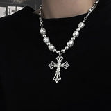 Flytonn Flytonn Men's Rhinestone Pearl Cross Necklace Metal Punk Clavicle Chain Sweater Chain Party Fashion Jewelry Accessories Gift
