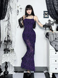 Flytonn Vintage Elegant Purple Flocking Dress Women Dark Gothic Aesthetic Strapless Bodycon Dress Sexy Evening Party Dress Femme