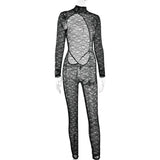 Flytonn Lace Backless Sexy Jumpsuits Women 2025 Fashion Rompers Turtleneck Long Sleeve See Through Nightclub Party Overalls