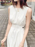 Flytonn-back to school fit nyc outfit New Summer Women French Style Sleeveless Slim Dress Office Lady Fashion Chic Casual White Dress Vestdios