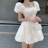 FLYTONN-Elegant Sweet white Dress Summer Woman Retro Square Collar Puff Sleeve Fluffy Dress femem Korean Organza Mini Princess Dress