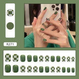 Flytonn- 24pcs Detachable False Nails Green Lattice Short Fake Nails With Designs Bow Flower Decal Square Level Nail Tips