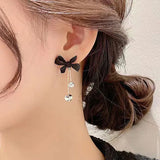 Flytonn-Black Bow Metal Tassel Stud Earrings Party Fashion Jewelry Girl Unusual Accessories for Woman PartyJewelry