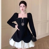 FLYTONN-French Vintage Light Luxury Hepburn-style Mini Lolita Dress Women High-end Sense Autumn New Sweet Spicy Black Dresses Female