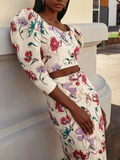 FLYTONN-Women Linen Flower Printed Slit Midi Skirt Suit Elegant Chic Puff Sleeves Backless Crop Top Set 2024 Summer Lady High Streetwear