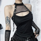 Flytonn-Halloween Outfits Halloween Gifts Gothic Style Spring 2024 New Dark Sexy Strap Tank Top with Spicy Girl Hanging Neck Fishing Net Tank Top  Women's Short Tight Top with Sleeves