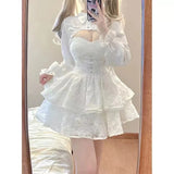 FLYTONN-Hot Girl Lace White Kawaii Lolita Dress Woman Cascading Ruffl Long Sleeve Fairy Dress Straps Birthday Party Quinceanera Dresses