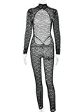 Flytonn Lace Backless Sexy Jumpsuits Women 2025 Fashion Rompers Turtleneck Long Sleeve See Through Nightclub Party Overalls