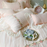 Cifeeo-Pink French Princess Wedding Romantic Pleat Lace Ruffles Bedding Set Soft Cozy Korean Girls Duvet Cover Set Bed Sheet Pillowcase