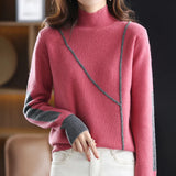 Flytonn-100% Wool Cashmere Sweater Autumn/Winter  New Women's High Neck Pullover Casual Color Matching Female Jacket Knitted Tops