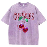 Flytonn-Crystal Cherries Washed T-Shirts Women Cotton Tees Fruit Letter Print Tops Oversize Distressed Short Sleeve Summer Woman Clothes