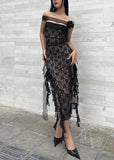 FLYTONN- Slim Fit Black Strapless Ruffled Lace Dress Sleeveless KK047