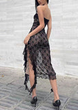 FLYTONN- Slim Fit Black Strapless Ruffled Lace Dress Sleeveless KK047