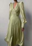 FLYTONN- Slim Fit Green V Neck Wrinkled Silk Maxi Dress Puff Sleeve ZL061