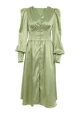 FLYTONN- Slim Fit Green V Neck Wrinkled Silk Maxi Dress Puff Sleeve ZL061