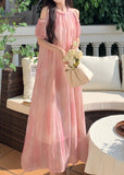 FLYTONN- Style Pink Off The Shoulder Puff Sleeve Chiffon Dress XX059