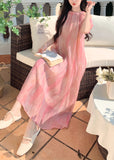 FLYTONN- Style Pink Off The Shoulder Puff Sleeve Chiffon Dress XX059