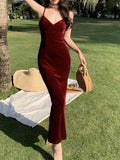 Flytonn-back to school fit nyc outfit Summer Women Sexy Velvet Spaghetti Strap Bodycon Dress Femme Split High Waist Midi Dress Evening Party Vestdios