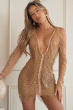 Flytonn-nye outfits Sexy Deep V Cold Shoulder Sheer Mesh Rhinestone Fringe Party Mini Dress - Gold