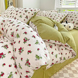 Flytonn-2025 Spring Bedding Set Cute Strawberry Duvet Cover Set Floral Style with Flat Sheet Pillowcase No filler Queen Double Girls Boys Home Decor Bed Linens