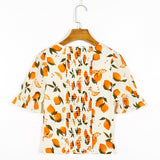 Flytonn-BACK TO SCHOOL OUTFIT Women Blouses Summer Beach Style Vacation Lemon Print Casual Blouse 2025 Clothes Sweetheart Neck Tie Bow Short Puff Sleeve Top