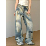 Flytonn-2024 Autumn Vintage Ripped Harajuku Y2K Loose Jeans Hollow Out Tassels Pants Women's Wide Leg Trashy Print Baggy Denim Trouser