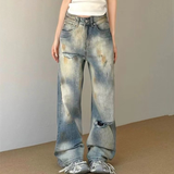 Flytonn-2024 Autumn Vintage Ripped Harajuku Y2K Loose Jeans Hollow Out Tassels Pants Women's Wide Leg Trashy Print Baggy Denim Trouser