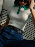 Flytonn Sexy Navel-baring Lapel Top For Women 2025 Spring Summer Ins Hot Contrasting Color Short Sleeve Knit T-shirt Fashion Slim