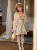 Flytonn-y2k outfits Blue Sparkle Butterfly Retro French Bow Princess Dress Autumn New Cute Puff Skirt Floral Super Fairy Sweet Mini Dress for Women