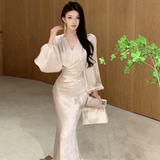 Flytonn-y2k outfits French Elegant Satin V-neck Long Sleeve Fishtail Dress for Women Autumn Temperament High End Waist Slimming Hip Wrap Maxi Dress