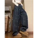 Flytonn-Women Pearls Jeans Harajuku Y2k 90s Aesthetic Vintage Baggy Denim Trousers 2000s High Waist Wide Jean Pants Trashy Clothes 2024