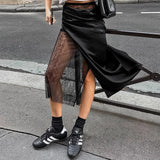 Flytonn Black Lace Splice Skirt For Women See Through Sexy Hot Girl 2025 Spring New High Waist Skirt Female Mid-Length Skirts