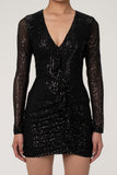 Flytonn-nye outfits Sparkly Galaxy Long Sleeve Ruffle Deep V Sequin Mini Dress - Black