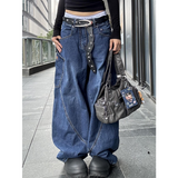 Flytonn-2024 Blue Women's Jeans Hip-hop Fashion Vintage Streetwear Y2K Wide Leg Straight Jean High Waist Trouser Baggy Cargo Denim Pants