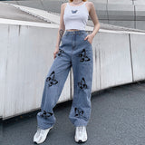 Flytonn-Women's High Waisted Jeans Butterfly Print Straight Wide Leg Denim Pants Baggy Loose Casual Trousers Streetwear