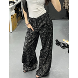 Flytonn-Vintage High Waist Women Black Jeans Printing Fashion Streetwear Wide Leg Jean Female Denim Trouser Straight Baggy Denim Pants