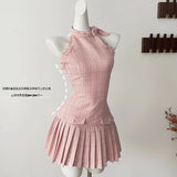 Flytonn-y2k outfits Pink Plaid Hanging Neck Backless Sleeveless Short Dress for Women Spring French Bow Sweet Slim Tight Waist A-line Pleated Dress