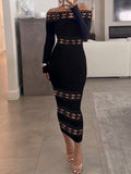 Flytonn-Black Friday Sale - Bodycon Long Sleeves Hollow Solid Color Split-Joint Off-The-Shoulder Midi Dresses