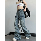 Flytonn-2024 Blue Women Jeans High Waist Vintage Straight Baggy Denim Pants Streetwear Y2K American Style Fashion Wide Leg Denim Trouser