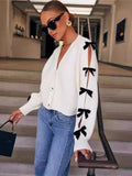 Flytonn Sweater Cardigan Female V Neck Knitted Bows Coat Chic Splice Hollow Out Fashion Long Sleeve Cardigan Outwear Women's New