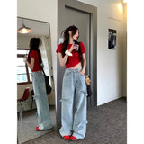 Flytonn-Women Blue Cargo Bow Jeans Y2k 90s Aesthetic Baggy Denim Trouser Harajuku High Waist Wide Cowboy Pants Trashy 2000s Clothes