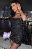 Flytonn-nye outfits Sparkly Rhinestone Long Sleeve Fishnet Sheer Club Mini Dress - Black-back to school outfits Christmas  Outfits Thanksgiving Gift New Year's Eve