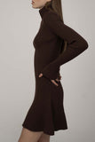 Flytonn-nye outfits Chic High Neck Flared Long Sleeve Rib Knit Winter Sweater Mini Dress - Coffee